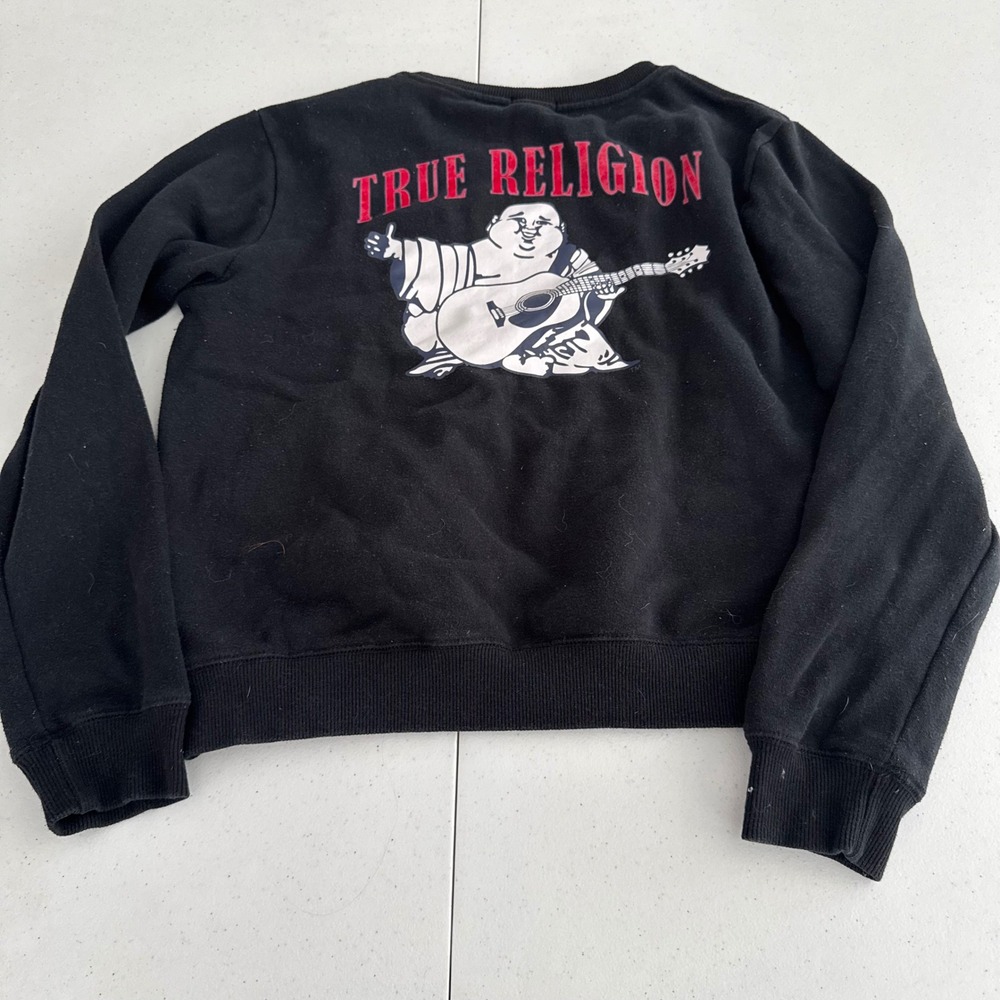 Y2K Streetwear Medium True Religion Buddha Pullover Black Crewneck Sweatshirt